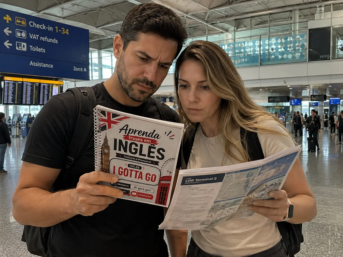 Casal usando a apostila no aeroporto