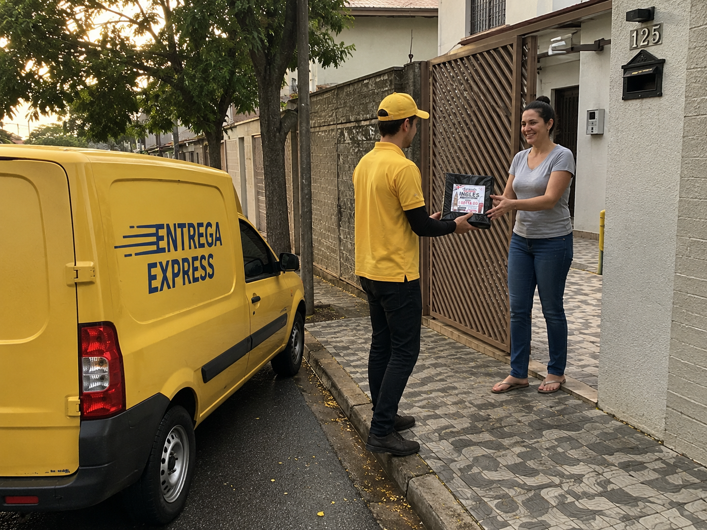 Entregador levando a apostila de Inglês até a casa do cliente